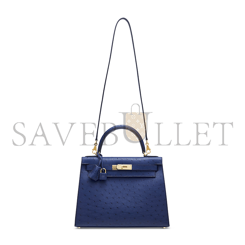 HERMÈS MASTER OSTRICH SELLIER KELLY 28 IRIS BLUE WITH GOLD HARDWARE (28*22*10cm)